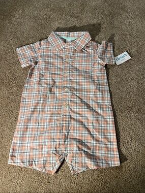 Carter's Orange & Blue Plaid Short-Sleeve Button Romper
